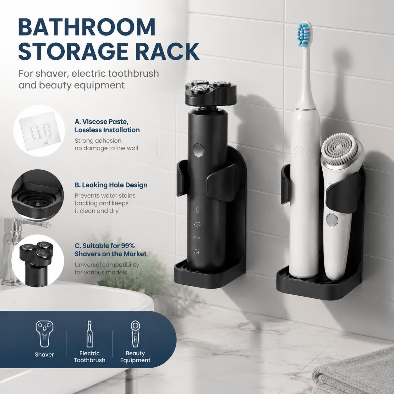 Home Essentials Bathroom Accessories - ที่วางแปรงสีฟันแบบติดผนัง กันน้ำ ไม่ต้องเจาะ พร้อมที่วางมีดโกน อุปกรณ์จัดระเบียบห้องน้ำอเนกประสงค์ สำหรับผู้ชาย