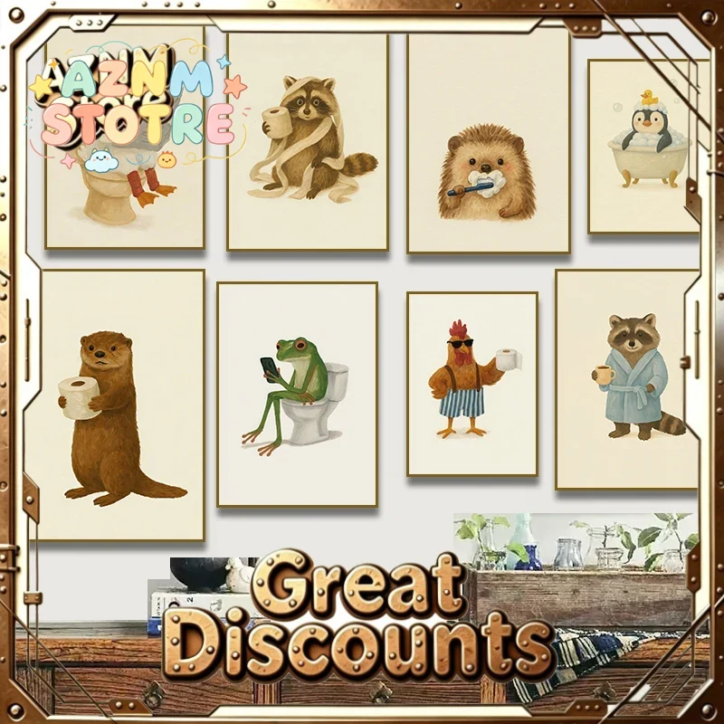 Home Bathroom Wallpaper - โปสเตอร์ภาพวาดสัตว์น่ารัก: นากขี้เล่น อ่านหนังสือบนโถส้วม เป็ด อาร์ตเวิร์คติดผนังห้องน้ำ ภาพพิมพ์บนผ้าแคนวาสสำหรับตกแต่งบ้านและห้องเด็ก