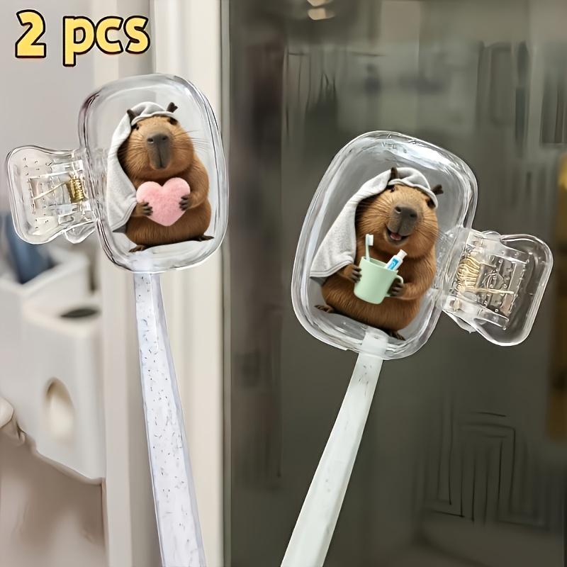 Home Essentials Bathroom Accessories - ฝาครอบหัวแปรงสีฟันรูปคาปิบาร่าถือหัวใจและฟัน 2 ชิ้น อุปกรณ์ห้องน้ำที่จำเป็นสำหรับบ้านและการเดินทางเพื่อธุรกิจ