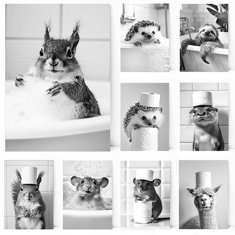 Home Bathroom Wallpaper - โปสเตอร์สัตว์น่ารักสีขาวดำและกระดาษชำระ แมว เม่น ชิวาวา ภาพวาดเพชรตกแต่งผนัง ห้องน้ำ