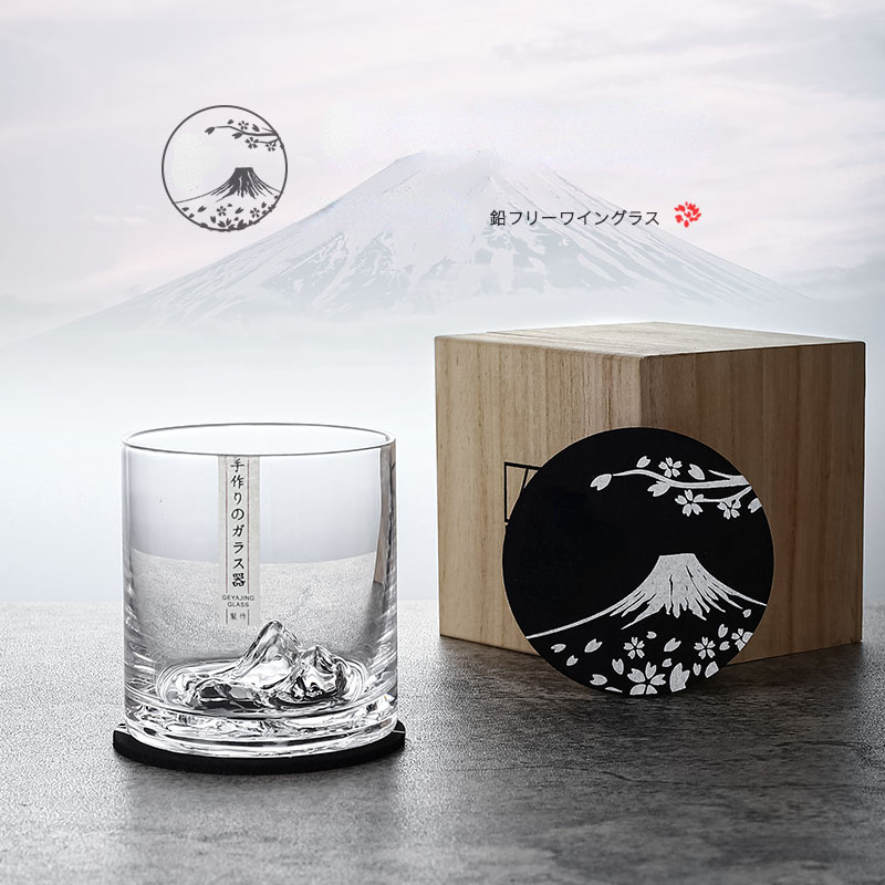 Yamazaki Home Bathroom Storage - สไตล์ญี่ปุ่นภูเขาน้ำแข็งวิสกี้แก้วคริสตัล3D Iceberg วิสกี้แก้วฟรี Coaster ถ้วยเหล้าไม้ของขวัญกล่องบรรจุ