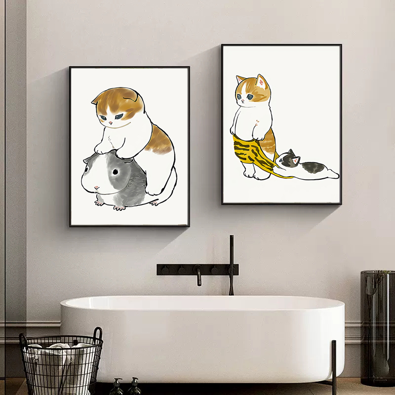 Home Bathroom Wallpaper - ภาพพิมพ์บนผ้าใบลายแมวเล่นโทรศัพท์มือถือ ภาพตกแต่งผนังเรียบง่ายสำหรับสัตว์เลี้ยง ตกแต่งห้องน้ำและห้องต่างๆ ในบ้าน