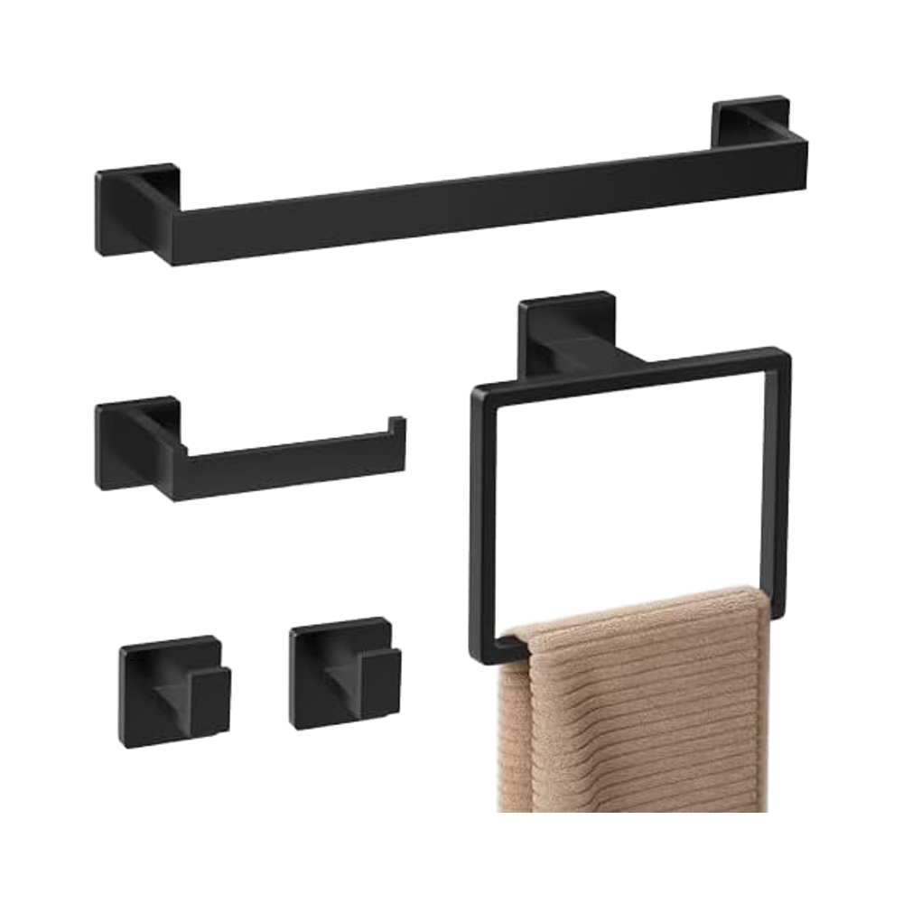 Towel Bar Stainless - ชุดอุปกรณ์ห้องน้ำติดผนังสแตนเลสสีดำด้าน ดีไซน์ทันสมัย 5 ชิ้น ขนาด 16