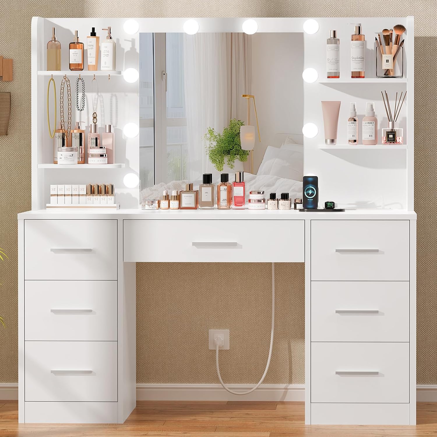 Home Outlet Bathroom Mirrors - โต๊ะเครื่องแป้งขนาดใหญ่พร้อมกระจกไฟ LED ปลั๊กไฟ 7 ลิ้นชัก 4