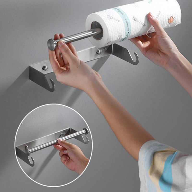 Towel Bar Stainless - ที่ใส่กระดาษครัวสแตนเลส ไม่ต้องเจาะ ที่แขวนม้วนกระดาษ ที่แขวนฟิล์มถนอมอาหาร ชั้นวางเก็บของ