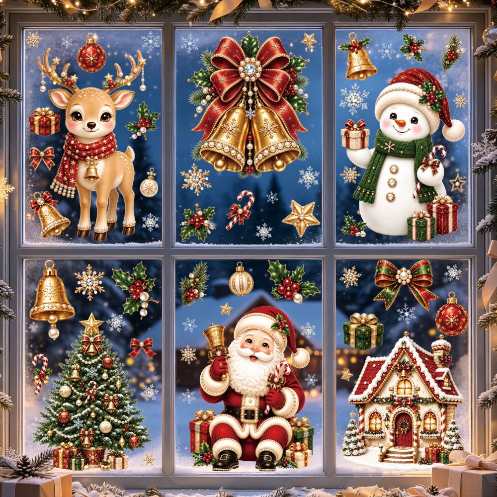 Home Bathroom Wallpaper - สติ๊กเกอร์ติดหน้าต่างคริสต์มาส 2027 ลายน่ารัก ซานต้า กวางเรนเดียร์ มนุษย์หิมะ