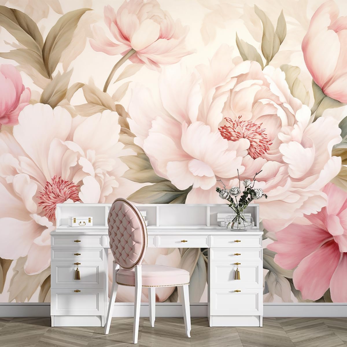 Home Bathroom Wallpaper - วอลเปเปอร์ลายดอกโบตั๋นสุดหรู ชุดโต๊ะเครื่องแป้งสำหรับตกแต่งห้องนอน ห้องน้ำ สร้างบรรยากาศโรแมนติก