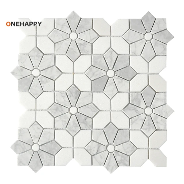 Home Bathroom Tiles Design - กระเบื้องโมเสคหินอ่อนสำหรับห้องครัวและห้องน้ำ ลายดอกไม้ สีขาวผสมสีขาวเบียนโก้ สำหรับผนังห้องน้ำและผนังบ้าน