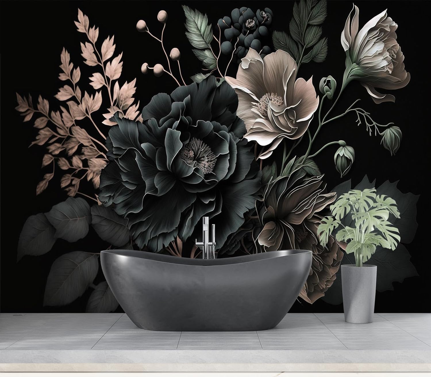 Home Bathroom Wallpaper - ภาพพิมพ์ลายดอกโบตั๋นสีเข้มสไตล์ดราม่าติก สำหรับตกแต่งผนังห้องน้ำ ห้องนั่งเล่น ของตกแต่งบ้านหรูหรา