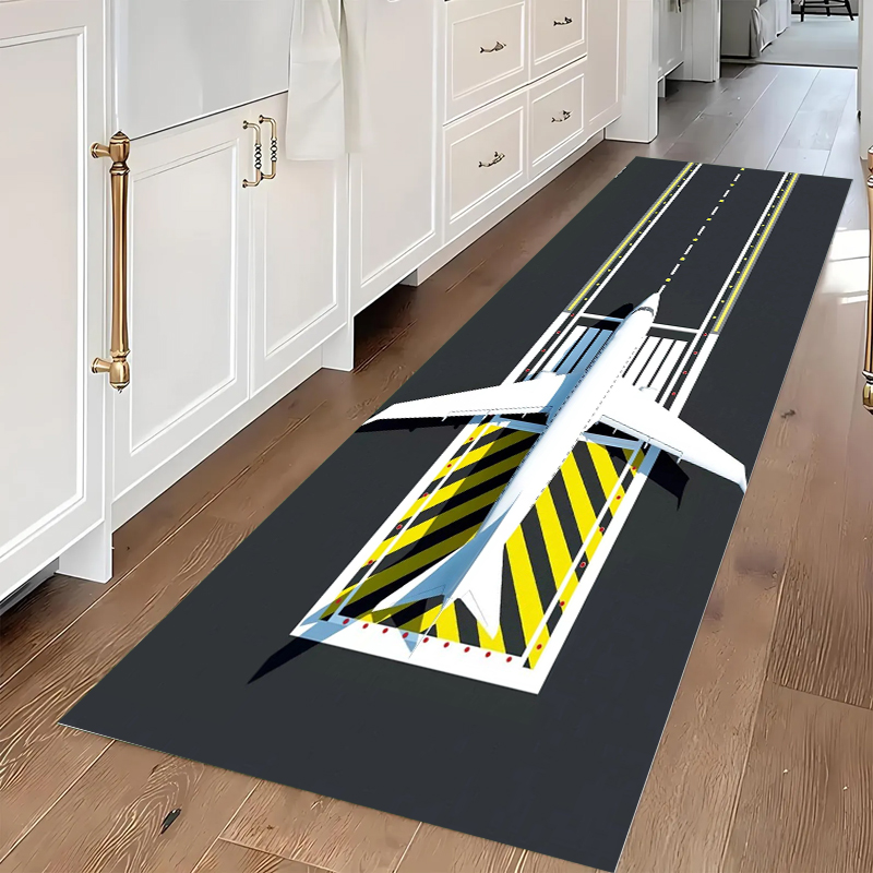 Jet Home Bathroom Mats - พรมปูพื้นลายสนามบินสีเหลืองกันลื่นสำหรับห้องครัว ทนทานต่อการสึกหรอ ตกแต่งสไตล์การบิน พรมปูพื้นทางเดินยาว