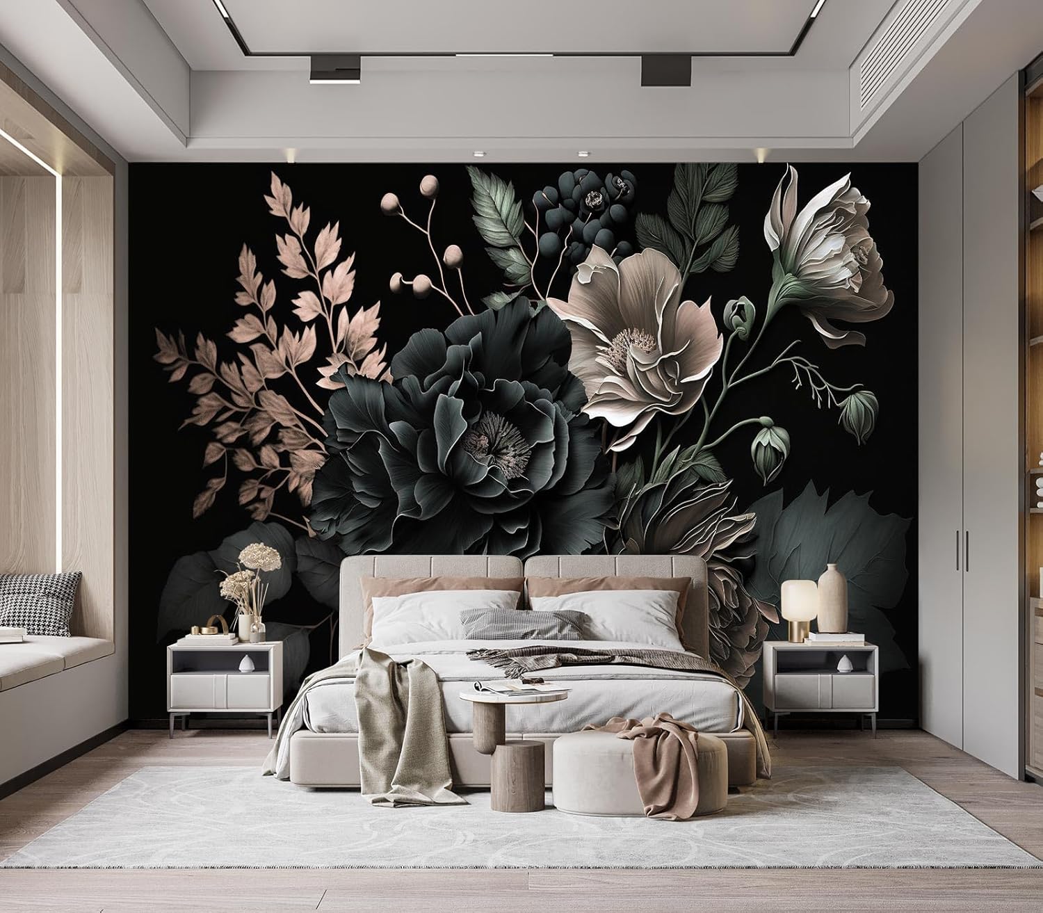 ภาพพิมพ์ลายดอกโบตั๋นสีเข้มสไตล - Home Bathroom Wallpaper บทวิจารณ์และราคา
